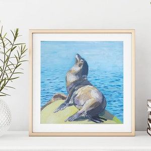 Art Print, &quot;Seal by the Sea&quot; |  Limited=Edition, Signed Giclee of an Original Painting by Lori DeBoer (ocean, marine, sealion, pier)