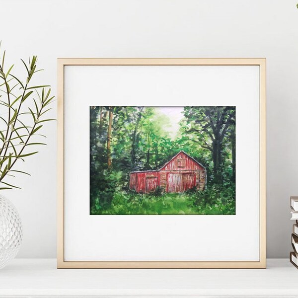 Art Print, "Red Shed," | Giclee of an Original Painting by Lori DeBoer | Landscape, Farm, Barn, Rural, Trees