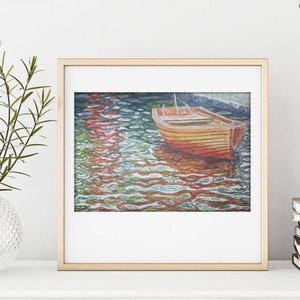 Art Print, &quot;Orange Boat,&quot; | Fine-Art Giclee of a Painting by Lori DeBoer | Boat, Lake, Sea, Ocean, Water