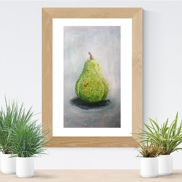 Art Print, "Green Pear," | Giclee of a Gouache Painting by Lori DeBoer | Food, Still Life, Garden, Fruit