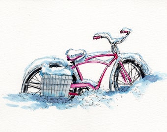 Bike in Snow  8.5" X 11" Art Print |  Limited Edition, Signed (Contemporary, Modern Giclee of an Original Watercolor Painting)