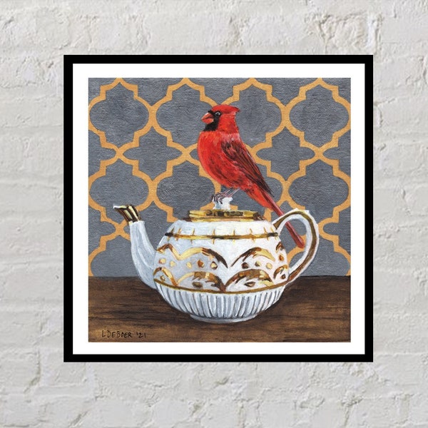 Red Cardinal Teapot Print | red cardinal teapot poster, antique teapot bird print, red bird artwork, red bird teapot poster, cardinal teapot