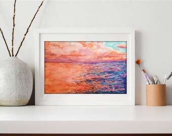 Tangerine Sunset Print | Watercolor, Sunrise Painting, Nautical Decor, Seascape, Ocean Art, Ocean Poster, Wall Art