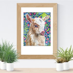 Art Print, &quot;Goat on William Morris Tulips&quot; | Giclee of a watercolor by Lori DeBoer (farm, Stickley, cottage decor, Edwardian, Scandinavian)