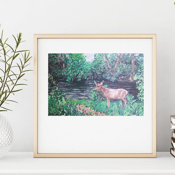 Art Print, "Deer by the River," | Giclee of an Original Painting by Lori DeBoer | Landscape, Wildlife, Deer, Nature