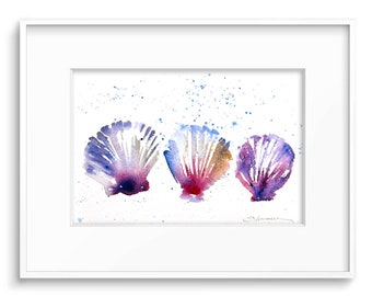 PEINTURE À L’AQUARELLE ORIGINALE: « Coquilles Saint-Jacques colorées 3 » par l’artiste du Delaware Stephanie Silverman