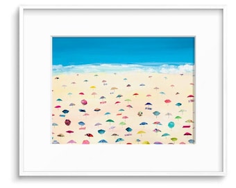 May include: A painting of a beach scene with colorful umbrellas and a blue sky. The umbrellas are arranged in rows on the sand, creating a vibrant and cheerful pattern.