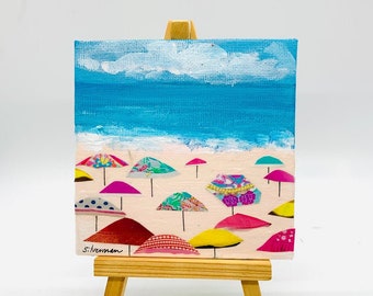 Peinture miniature de plage sur chevalet : technique mixte, art de paysage de plage