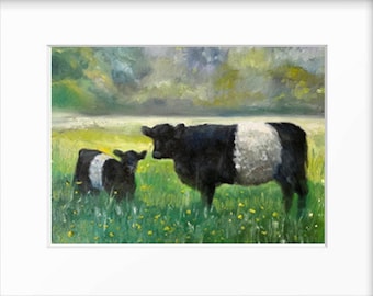 LIMITED EDITION PRINT: “Mother and Baby Belted Galloway in May”-Perfect Mother’s Day Gift-by Delaware Artist Stephanie Silverman