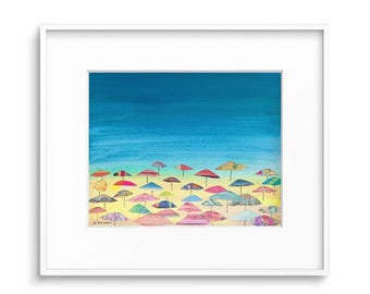 May include: A painting of a beach scene with a blue sky and many colorful umbrellas on the sand.