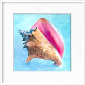 May include: A large conch shell with a pink lip, painted in a realistic style against a light blue background.