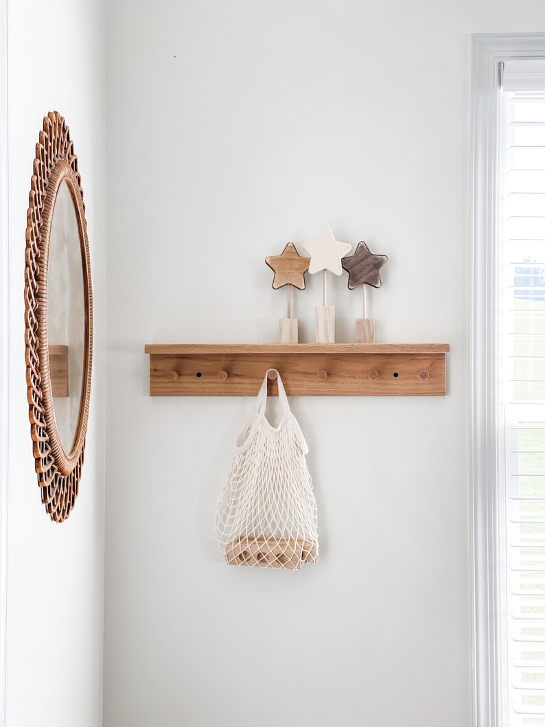 Oak wooden shelf shelf with pegs peg shelf nursery shelf Etsy