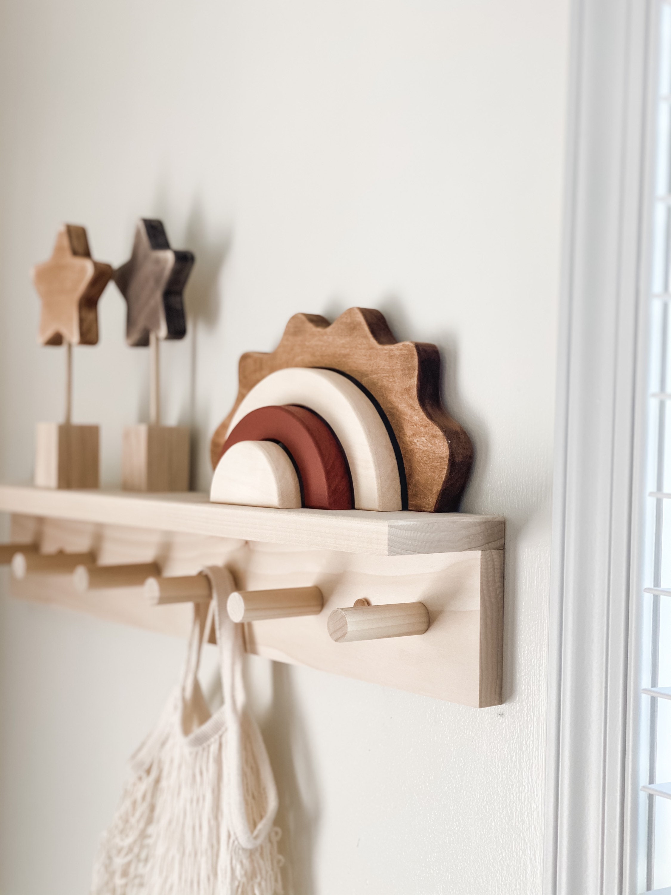 Wall Coat Rack with shelf Wooden peg rack Wooden peg rail Etsy