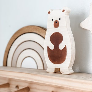 woodland bear, woodland nursery decor, boho wooden bear, wooden shelf decor, modern nursery decor, neutral woodland, baby shower decor brown