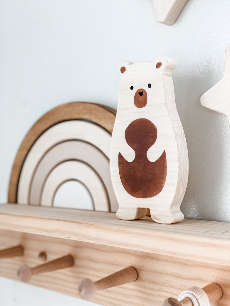 woodland bear, woodland nursery decor, boho wooden bear, wooden shelf decor, modern nursery decor, neutral woodland, baby shower decor brown