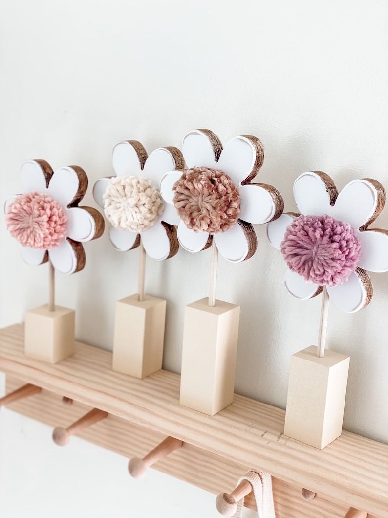 Wood flowers, girls room decor, girl nursery, shelf decor for nursery, nursery decor, girl baby shower decor, girl baby shower gift image 5