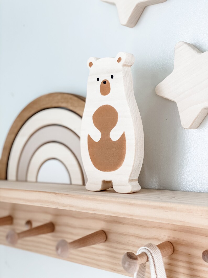 woodland bear, woodland nursery decor, boho wooden bear, wooden shelf decor, modern nursery decor, neutral woodland, baby shower decor tan