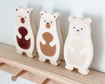 woodland bear, woodland nursery decor, boho wooden bear, wooden shelf decor, modern nursery decor, neutral woodland, baby shower decor