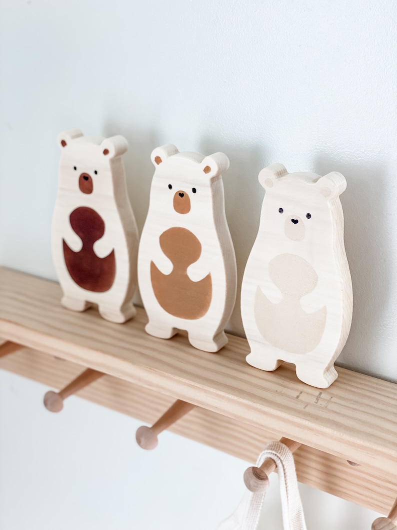 woodland bear, woodland nursery decor, boho wooden bear, wooden shelf decor, modern nursery decor, neutral woodland, baby shower decor image 1