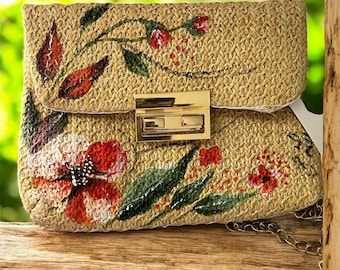 Hand Painted Straw Clutch,Floral Evening Bag, ,Artisan Handbag,Elegant gif for her ,One of a kind,woven , fiber synthetic straw
