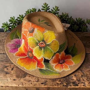Vintage Ensenada Straw Hat – Hand Painted Wide Brim Beach Hat Size 56 Straw hat hand painted - Gem main image 3