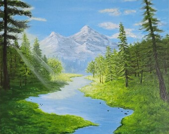 Original Landscape Acrylic Painting: Mountain River, 16x20 Canvas