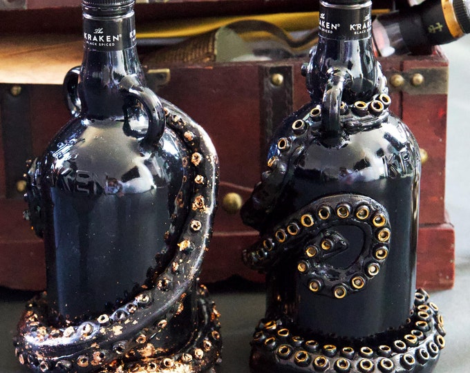 The Twin Krakens - 2 Original Kraken Bottles, The Ringed Kraken + The Copper- Ringed Kraken Original and Handmade EMPTY