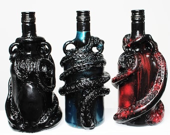 The Three Krakens - 3 Original Kraken Bottles, The Bloody Kraken, The Black Kraken, The Kraken Original and Handmade EMPTY