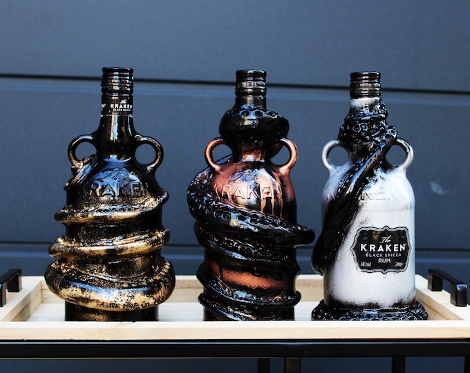 Trio Kraken - 3 Original Kraken Bottles, the Golden Kraken, The Rusty Kraken, the Silver Kraken Original and Handmade  EMPTY
