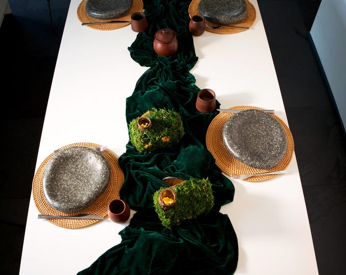 The Hobbit House Entire Table Set -  2 Hobbit Houses + 2 Packs of Incense + a Green Table Runner + 4 pcs Stone Plates