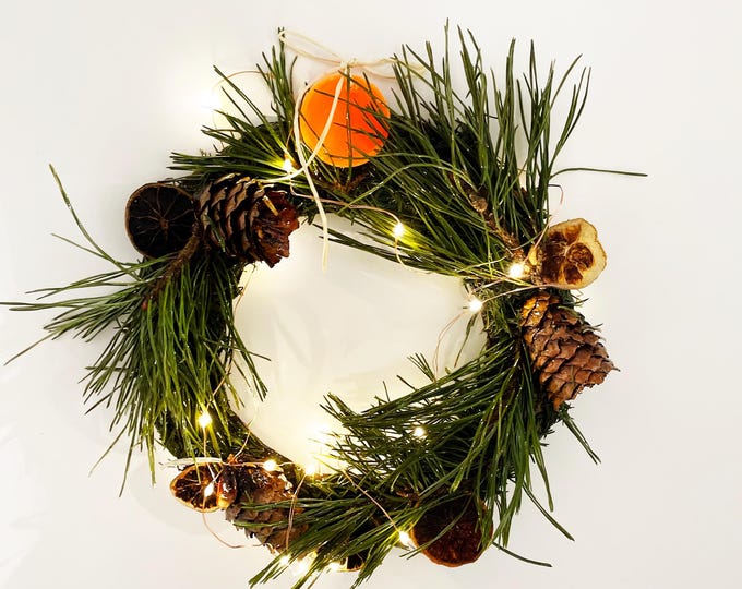 The Mixology Wreath - Entirely Handmade Christmas Wreath with a Handmade Orange Ornament and Orange Garnish with Natural and Preserved pine