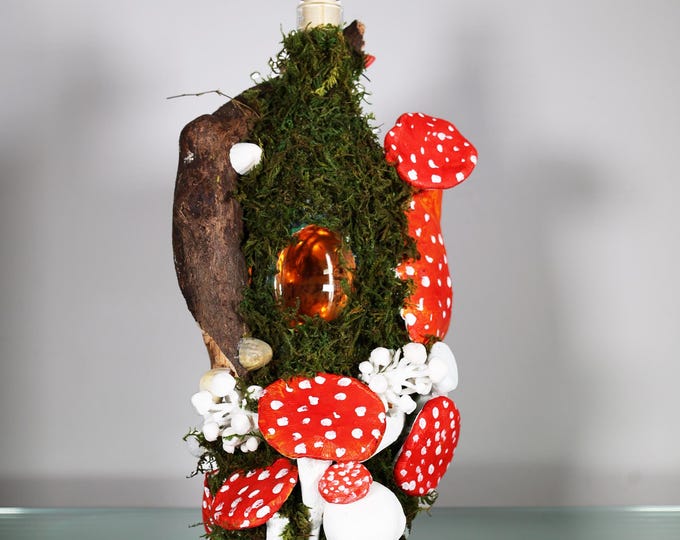The Mushroom House - Original Handmade Customized Functional Bottle (Permanent Autumn Decor)  EMPTY