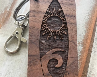 Surfer Surfboard Walnut Wood Keychain Luggage Bag Tag