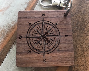 Compass Travel walnut Wood Engraved Keychain Lanyard Bag Tag