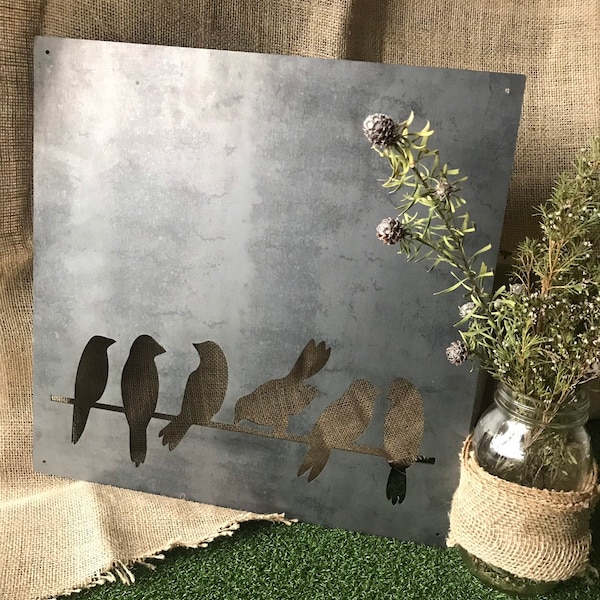 Oiseaux sur un fil – Tableau magnétique en acier 40,6 x 40,6 cm pour décoration murale de la maison | Art mural en métal | Bureau à domicile | Tableau d'affichage | Oiseaux | Aspect industriel