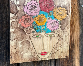 Flower Girl Rose Garden Face Head Wood Wall Art Eyes