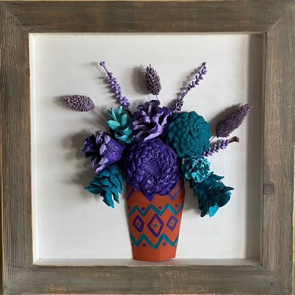 Wall Hanging - Pine Cone Flowers in Terra Cotta Pot - Purple, Aqua & Turquoise Flowers with dried flower accents navajo design