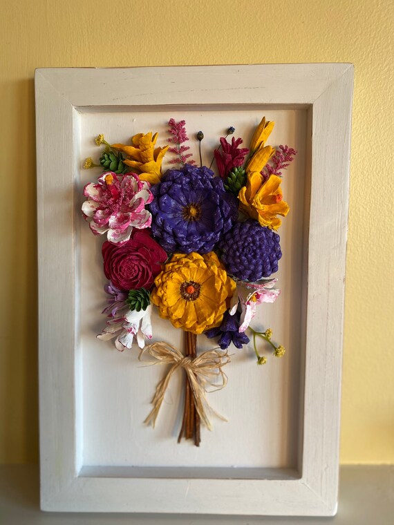Wall Hanging Hand painted Pinecone Flowers Bright Colors Natural