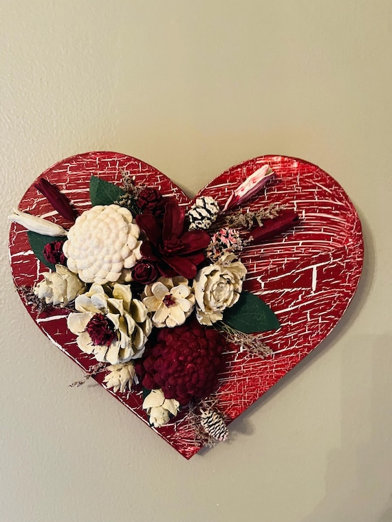 Handmade Crackle Heart with Pinecone Florals – Romantic Valentine Decor