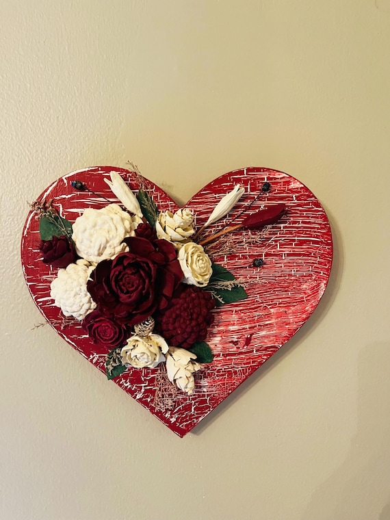 Handmade Crackle Heart with Pinecone Florals – Romantic Valentine Decor