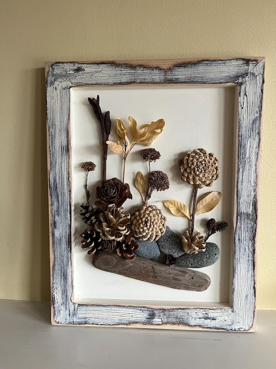 Rustic Nature Wall Art with Pinecones, Driftwood & Dried Florals – Framed Organic Decor