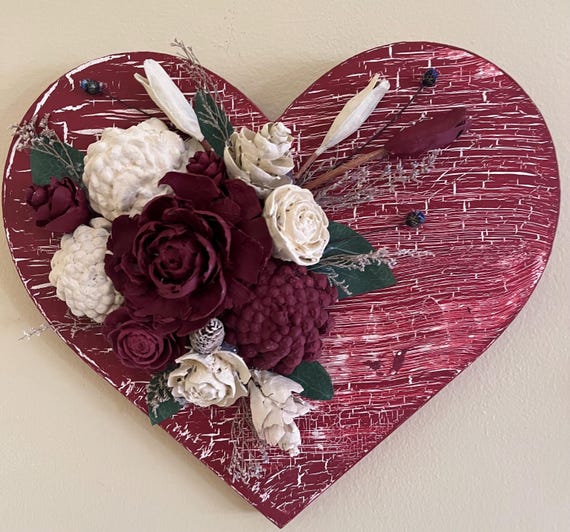 Handmade Crackle Heart with Pinecone Florals – Romantic Valentine Decor