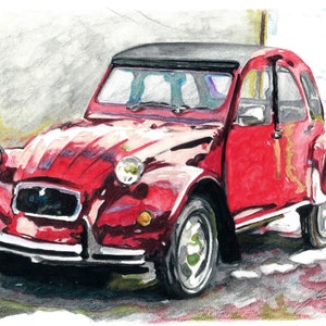 Classic French Car Citroen 2CV Hand Made Illustration in Water Colors, Vintage Oldtimer, Voiture française, Digital print