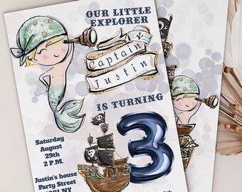 Captain Merman birthday Boy invitation, Merman Pirate Invitation, Pirate Birthday Theme Invitation, Merman Pirate Theme