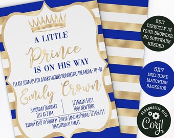 Invitación para Baby Shower de Príncipe Real: Azul y Dorado, Editable (Descarga Digital)
