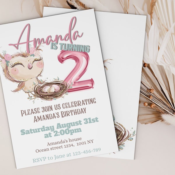 Owl Birthday Invitation, Cute Girl Birthday Invitation, Editable Girly Birthday invitation, Owl Birthday Party