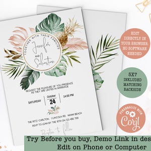 ¡Invitación de boda ruborizada! Boho Acuarela Tropical Invitación de Boda, Boho Wedding Template Suite