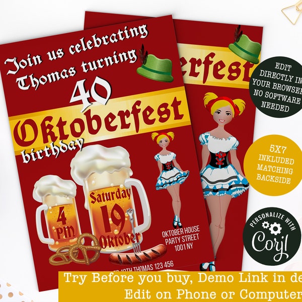 Octoberfest 40th Birthday invitation, 40th Beerfest Birthday Invitation, German october Fest party invitation