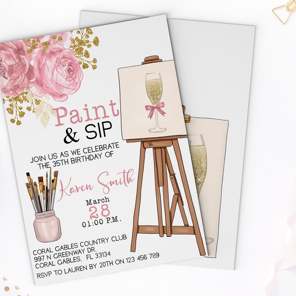 Paint and Sip Party 35th Birthday invitation, Women Birthday Invitation, Adult Birthday Invitation, Girly Birthday Invitation, Paint Party