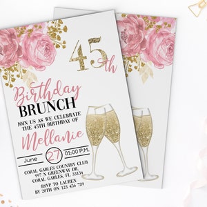 Pink Gold 45th Surprise Birthday Brunch invitation, 40th Womens Birthday Invitation, Adult Birthday Invitation, Girly Birthday Invitation